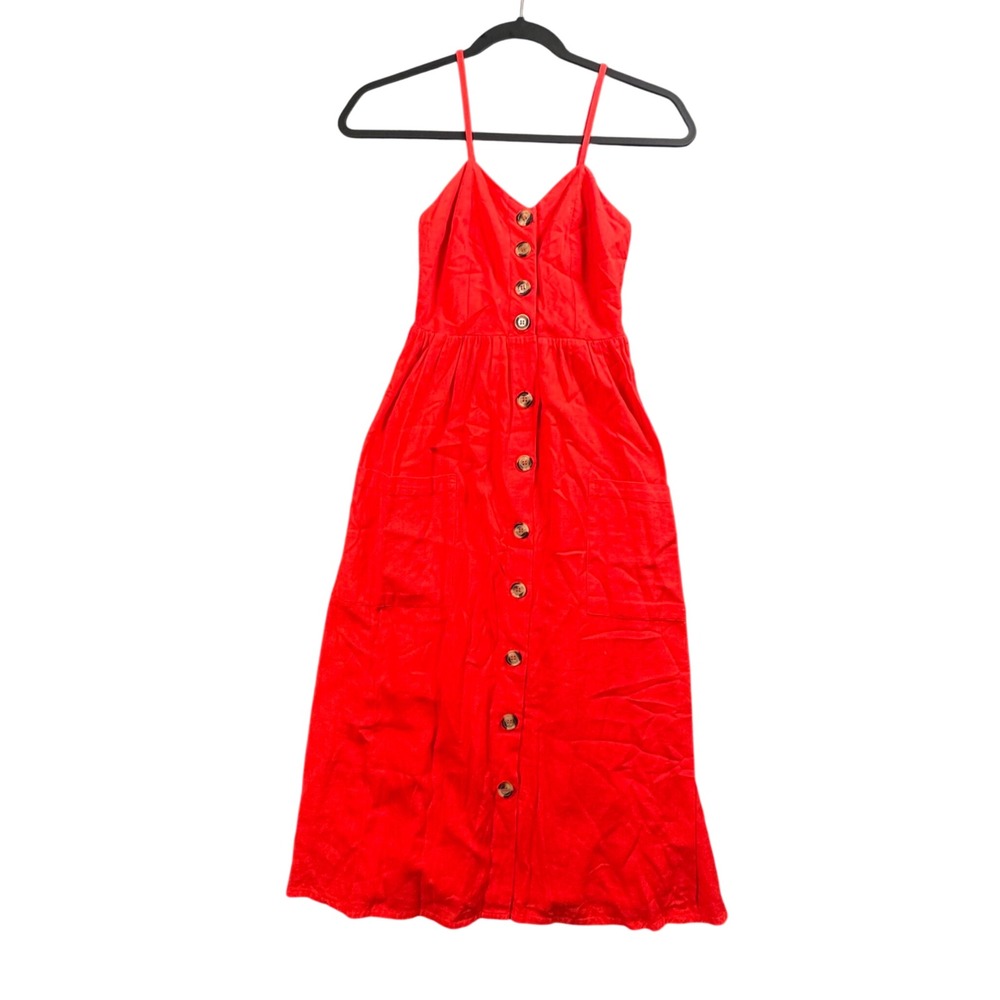 Women Coquette Cottagecore Red Midi Dress XS Button Front Sundress Picnic Summer